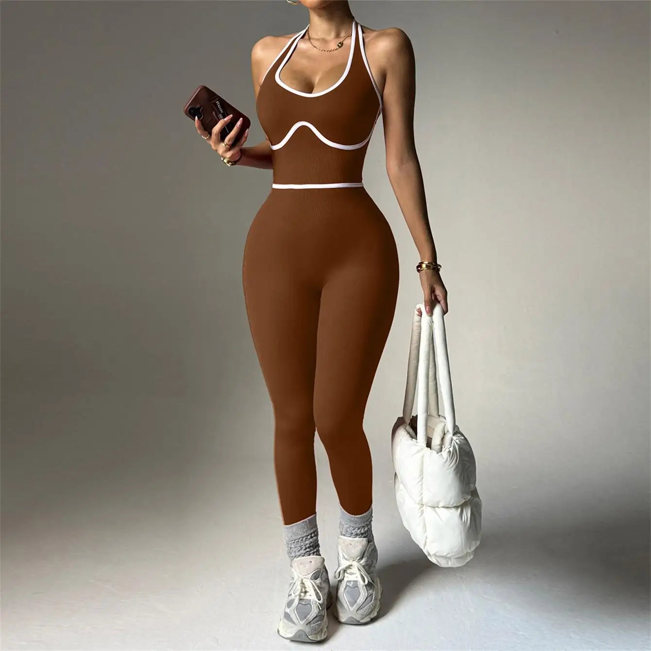Women’s Sleeveless Yoga Jumpsuit – Color Block One-Piece Fitness Set, Stretchy Gym & Workout Bodysuit